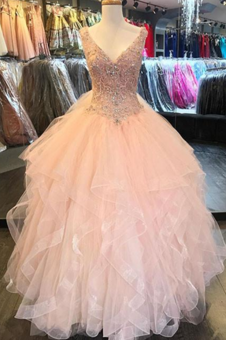 Pink Evening Dress V Neck Sequins Beaded Long Prom Dress
