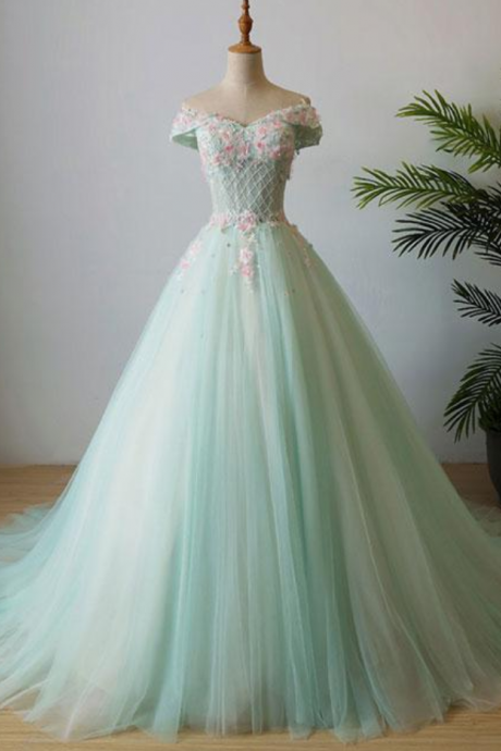 Green A-line V Neck Beadings Tulle Long Prom Dress Evening Dress
