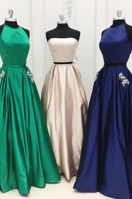Simple A-line Two Pieces Halter Beading Satin Long Prom Dress Evening Dress