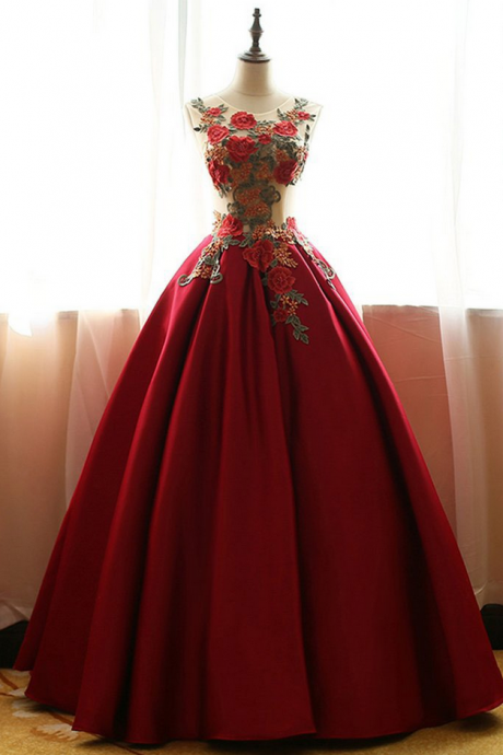  Red Quinceanera Dresses Floral Round Neck A-line Satin Applique Ball Gown 