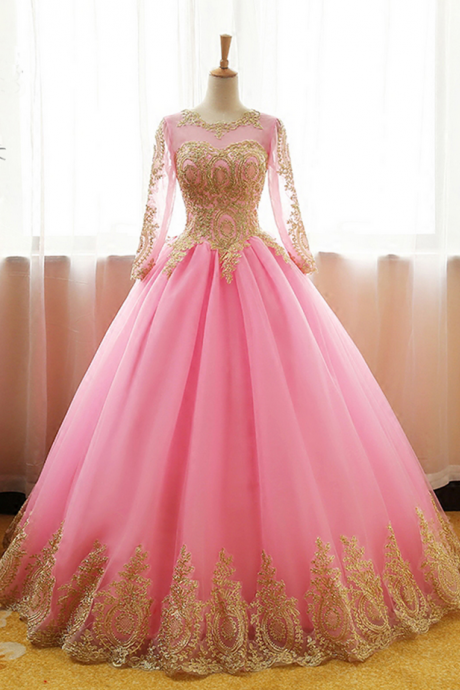  Classy Pink Ball Gown Round Neck Beading Applique Lace Tulle Charming Ball Gown