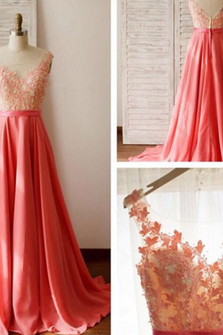 Unique Simple A-line Round Neck Beding Lace Chiffon Long Prom Dress Formal Dress