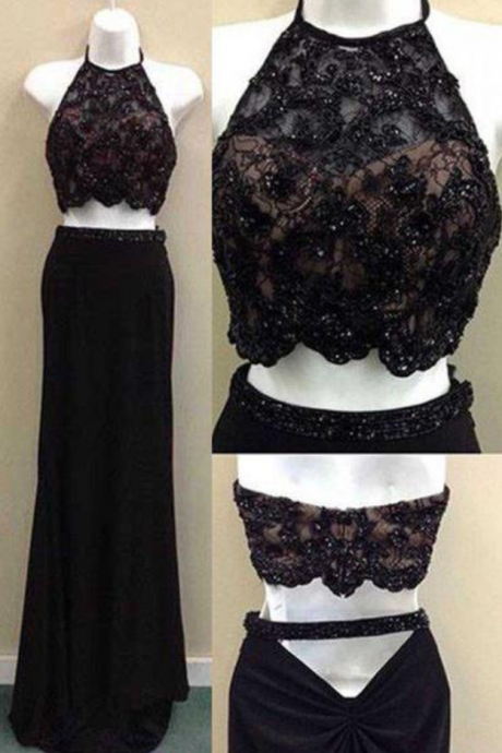 Sexy Two Piece Halter Beading Lace Black Long Chiffon Prom Evening Dresses