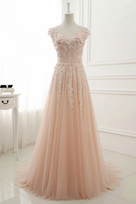 Pink Round Neck Lace Applique Tulle Long Prom Dress, Tulle Evening Dress
