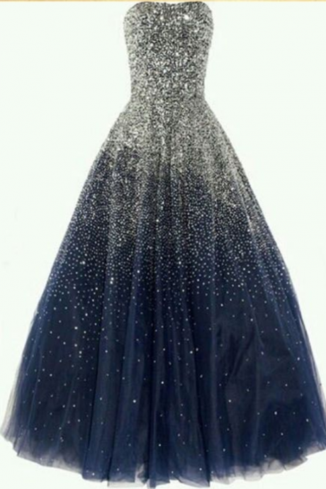  Best Ball Gown Strapless Floor Length Tulle Navy Blue Prom/Evening Dress with Beading