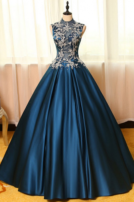  Blue satins lace applique round neck see-through A-line long prom dresses,ball gown dresses