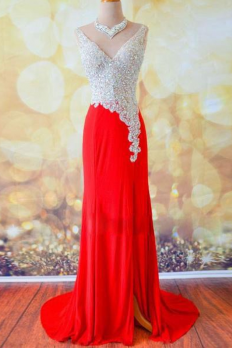 Simple A-line V Neck Sequin Long Red Prom Dres Evening Dress
