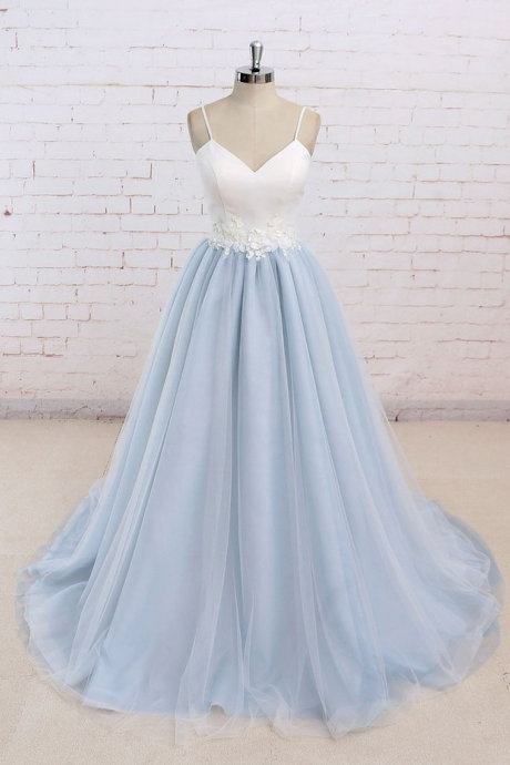 Baby Blue Sweet A Line Spaghetti Strap Long Simple Flower Lace Prom Dress