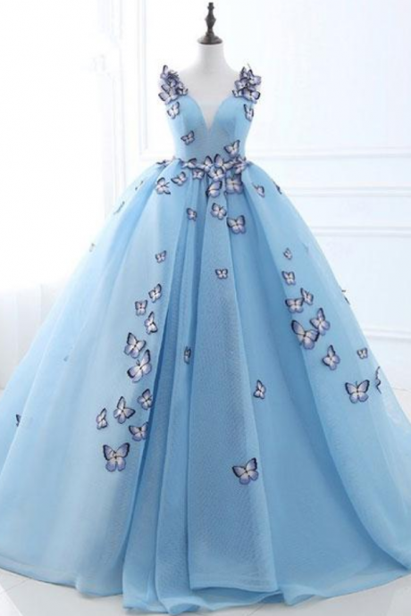 Sweet Unique Ball Gown V Neck Blue Long Prom Dress