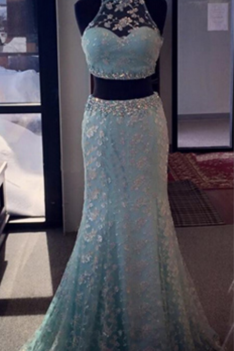 Blue Prom Dress, Beautiful Prom Dress, Two Piece Prom Dress, Lace Prom Dress, Sleeveless Prom Dress, Elegant Prom Dress