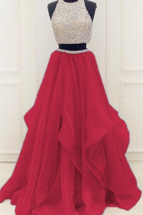 Red Beaded Prom Dress,two Pieces A Line Prom Dress,custom Made Evening Dress