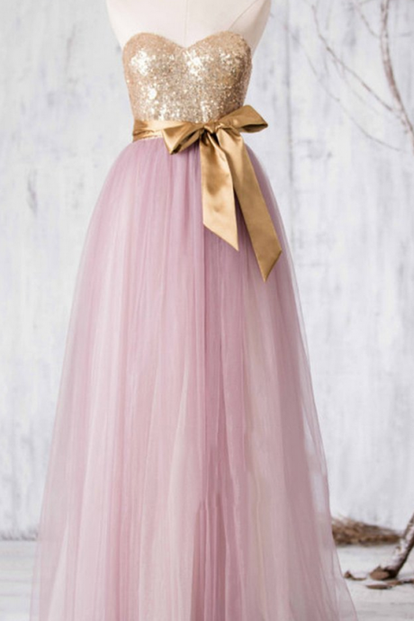 Pink Tulle Sweetheart Sequins Bowknot A-line Long Formal Dresses For Teens,princess Dresses