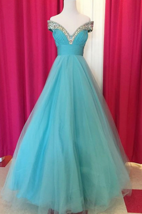 Fabulous Off Shoulder Floor Length Blue Ruched Prom Dress With Beading