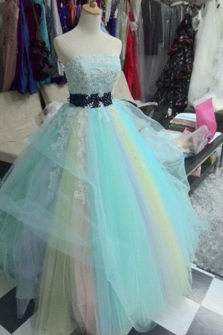 Colorful Prom Dress,2 Pieces Prom Dress,strapless Prom Dress,appliques Prom Dress