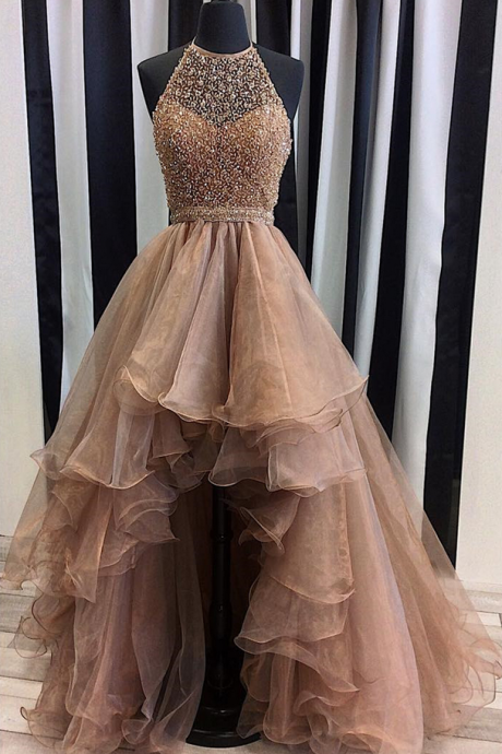 sequins beaded prom dress,organza prom dress,high low prom dress,halter prom gowns,champagne prom dress,prom dresses 2017
