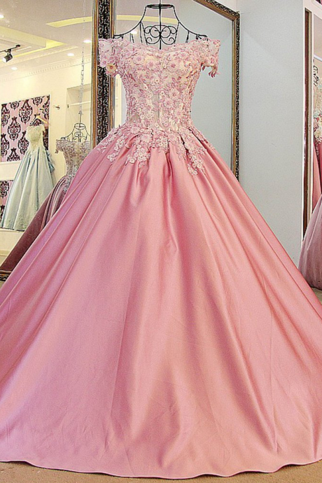 Peach Satins Lace Off-shoulder A-line Applique Long Ball Gown Dress,princess Evening Dress