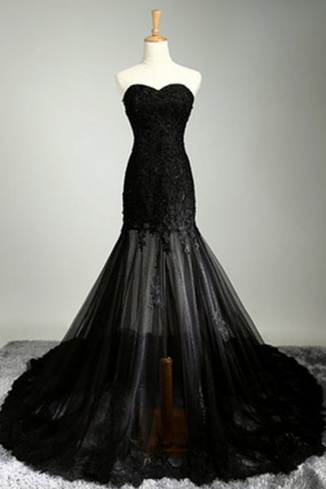 Black Tulle Lace Sweetheart See-through Mermaid Floor Length Prom Dresses Evening Dresses