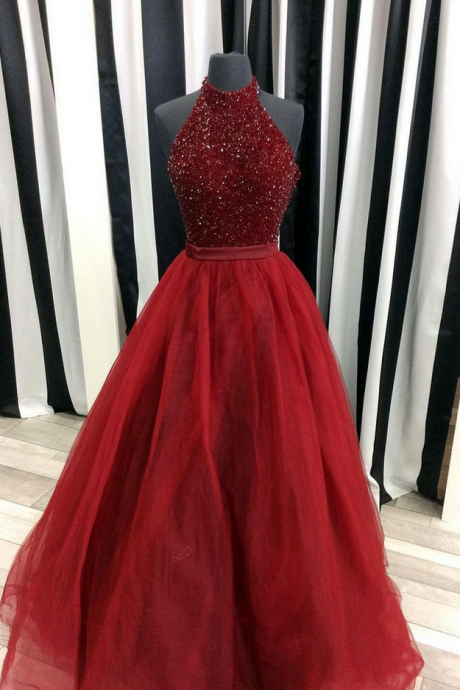 Crimson Organza A-line Sequins Halter Long Prom Dresses,evening Dresses For Teens