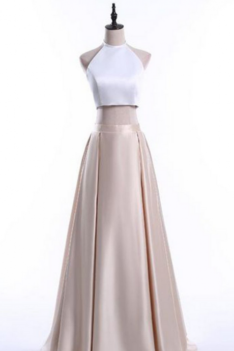 Elegant Light Golden Satins Two Pieces Halter Simple A-line Long Dresses,formal Dresses