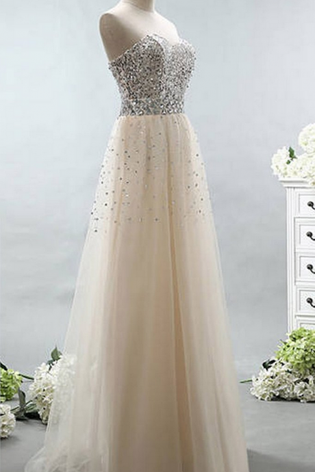 Elegant Tulle Sweetheart Sequins A-line Lace Up Long Evening Dresses ,long Promdress For Teens