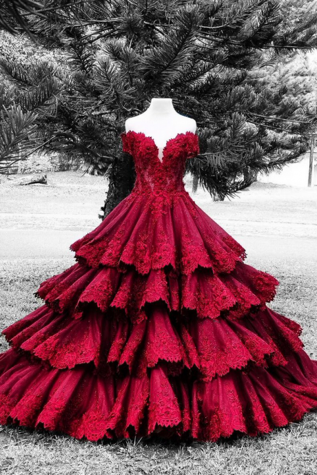  Gorgeous red lace sweetheart satins handmade flowers A-line long ball gown dresses