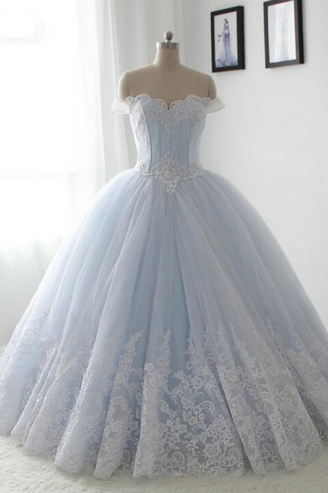 Light Blue Organza Lace Sweetheart A-line Long Dress,princess Ball Gown Dress
