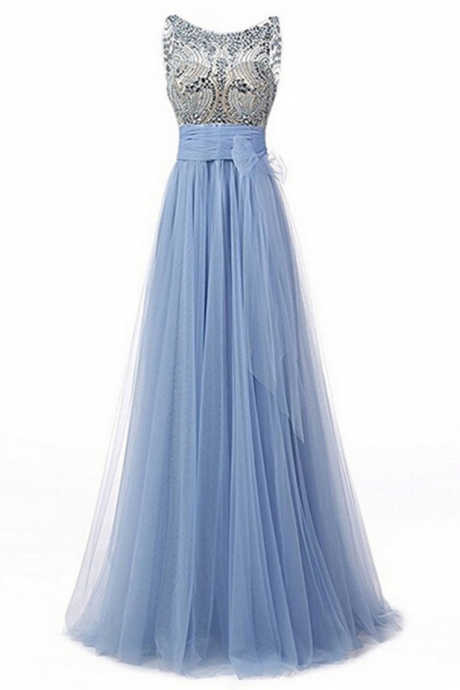 Light Blue Tulle Beading Round Neck A-line See-through Long Prom Dresses ,formal Dresses
