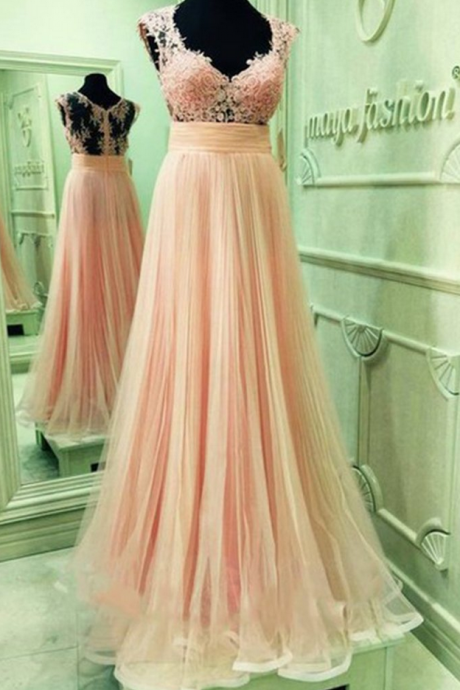  Light orange chiffon lace top V-neck see-through back full-length A-line long prom dresses