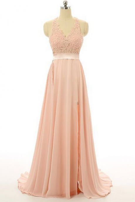 Light Orange Chiffon Lace V-neck Backless Slit A-line Long Prom Dress,formal Dresses