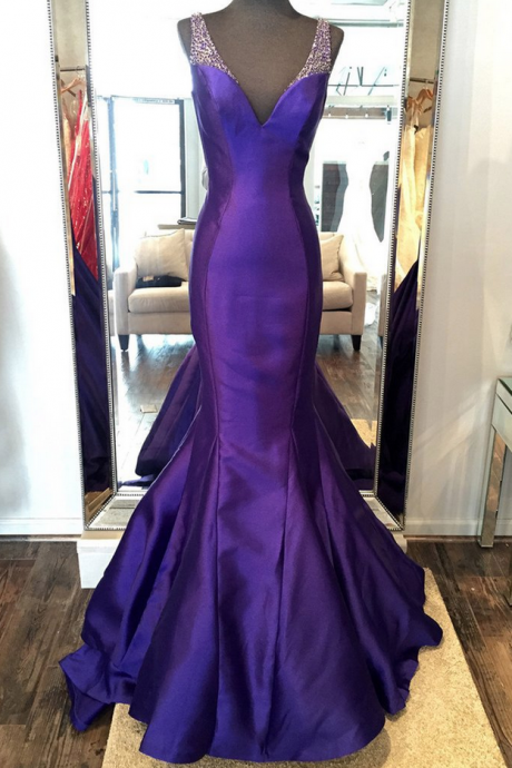 Luxury Purple Satins V-neck Sequins Mermaid Long Prom Dress