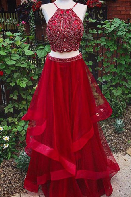 Luxury Red Tulle Beading Two Pieces Halter A-line Long Prom Dresses , Design Dresses