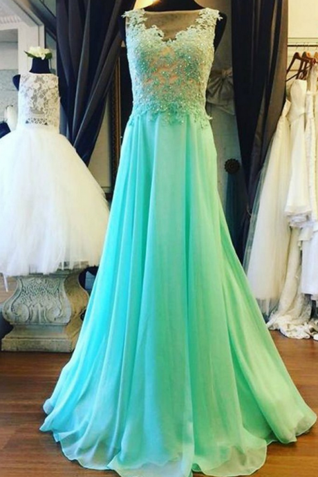 Mint Chiffon Lace O-neck See-through A-line Long Prom Dresses,graduation Dresses For Teens