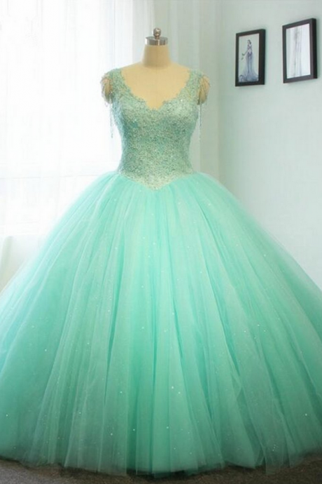 Mint Organza Lace Roundneck A-line Long Dress,princess Ball Gown Dress