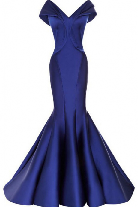 Navy Blue Satins Off-shoulder V-neck Long Mermaid Prom Dresses For Teens,elegant Evening Dress