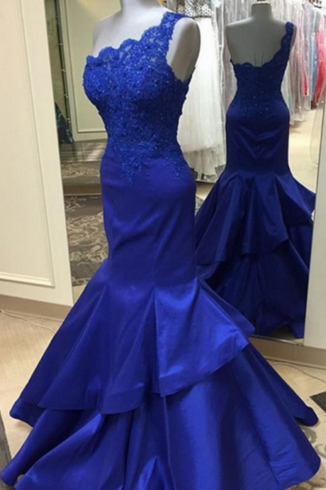 Luxury Navy Blue Lace One Shoulder Mermaid Long Dresses,formal Dresses For Graduation