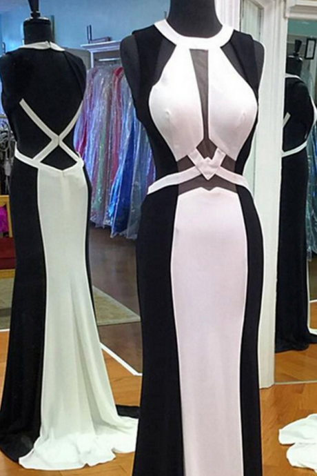 Design Black &white Chiffon Long Dresses,slim-line Evening Dresses With Straps