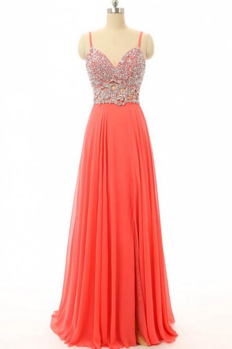 Orange Chiffon Beaded V-neck A-line Open Back Long Evening Dresses For Teens,long Prom Dress With Straps