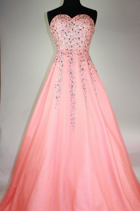 Peach Organza Sweetheart Beading A-line Long Prom Dresses For Teens ,evening Dresses