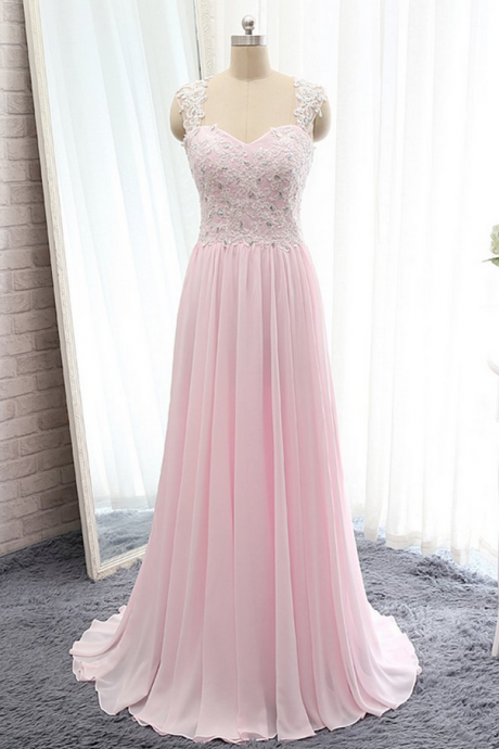Pink Chiffon Lace Beading A-line Simple Long Prom Dresses For Teens With Straps