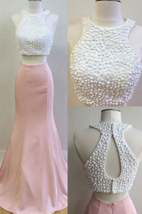 Pink Chiffon Two Pieces Pearl Beading Mermaid Long Dress,evening Dresses For Teens