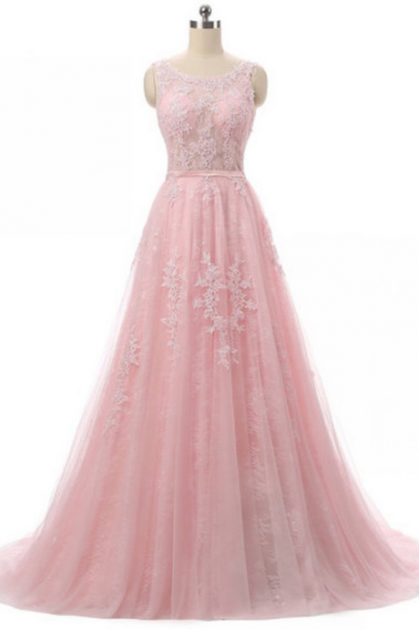 Pink Lace Tulle Round Neck Applique Open Back A-line Long Evening Dresses For Teens