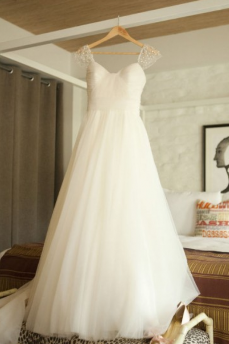 Simple A-line Long White Wedding Dress With Beads Cap Sleevs