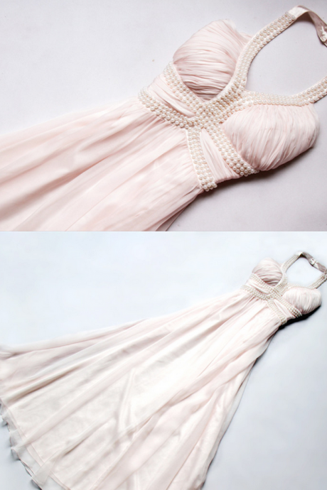 Halter Pearl Beaded A-line Long Prom Dress, Evening Dress