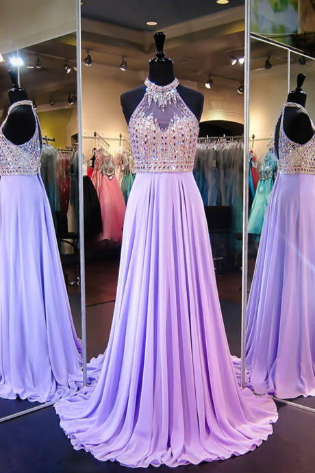 A Line Cowl Neck Sleeveless Long Pleated Beaded Lilac Prom Dress Open Back