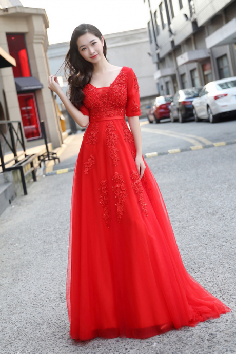 Red Evening Dress,appliques And Lace Prom Dress,long Prom Dresses,formal Dress