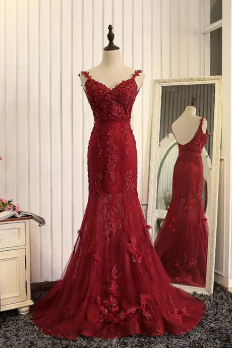 Wine Red Evening Dress,mermaid Evening Gowns,burgundy Prom Dress,lace Prom Dress 2017