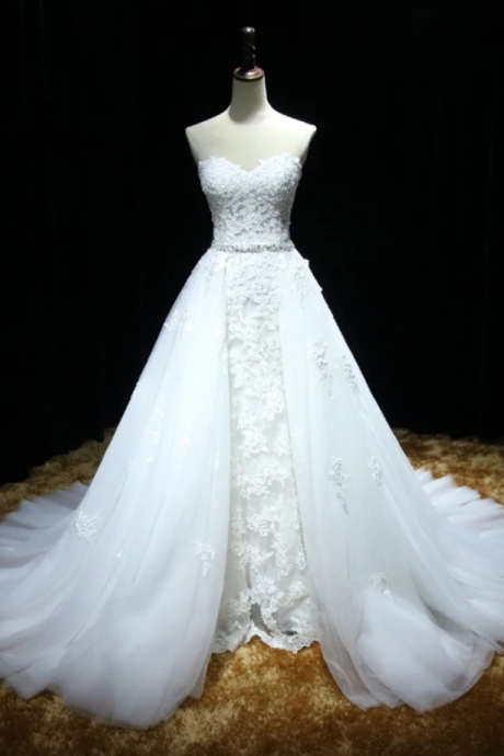 Sweetheart Full Lace Mermaid Wedding Dress Featuring A Detachable Skirt And Train With Lace Up Back