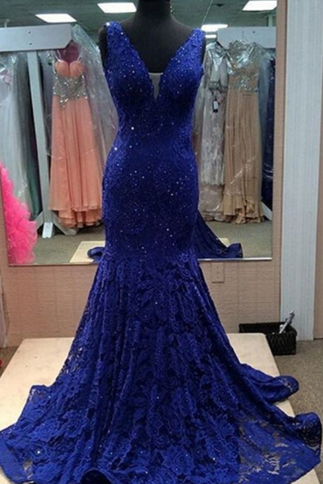 Royal Blue Prom Dress, Gorgeous Prom Dress, Off Shoulder Lace Prom Dress, V-neck Prom Dress, Elegant Prom Dress, Inexpensive Evening Gown,
