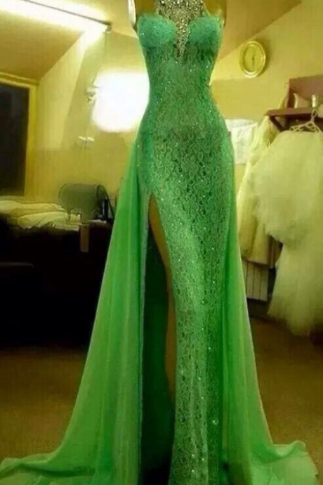 2017 Custom Made Green Lace Prom Dress,sexy Halter Evening Dress,beading Side Slit Party Dress