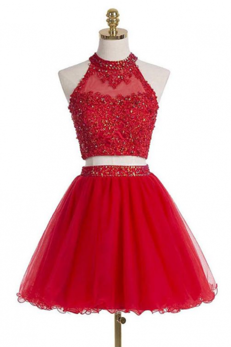 Two-piece Scoop Short Red Beaded Homecoming Dress with Appliques Sequins